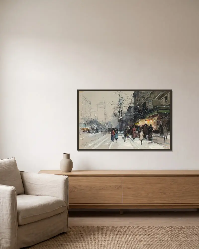 Stora boulevarderna i snö av Eugène Galien-Laloue inramad på en vägg
