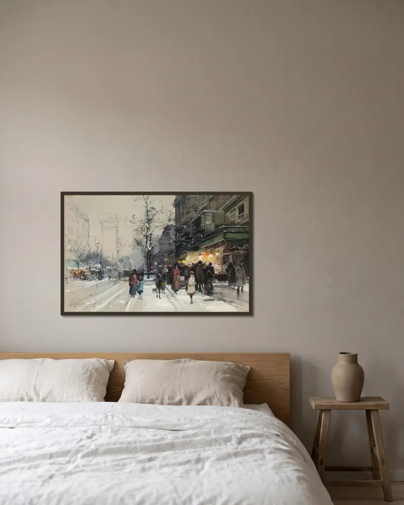 Stora boulevarderna i snö av Eugène Galien-Laloue inramad på en vägg