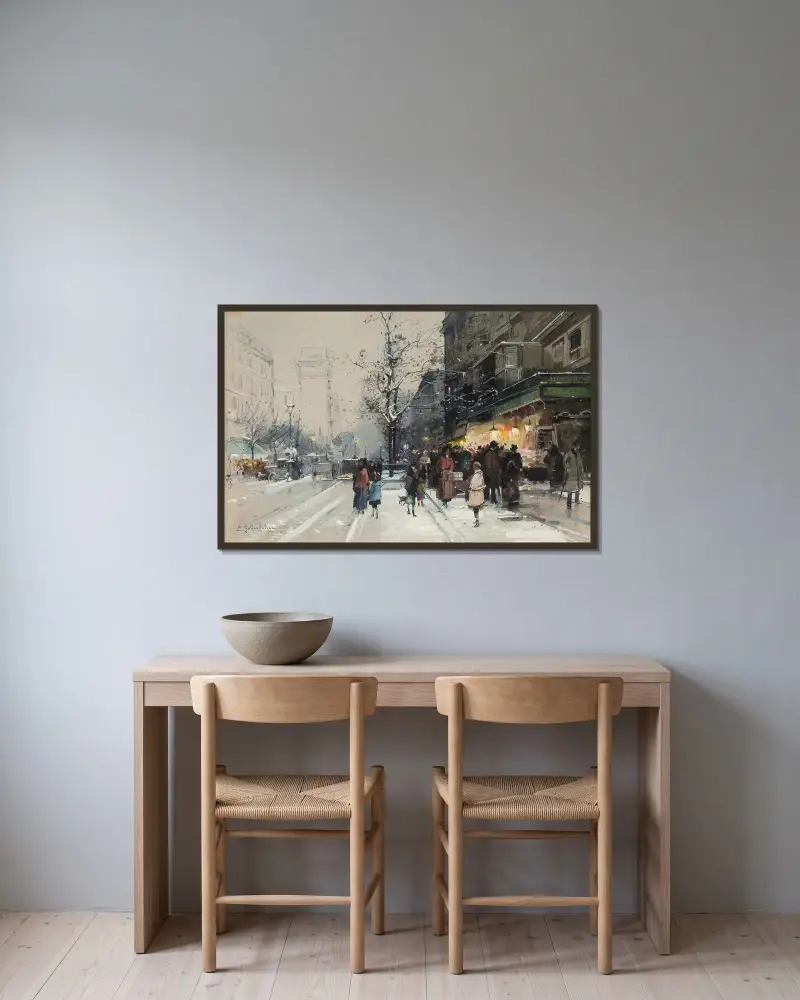 Stora boulevarderna i snö av Eugène Galien-Laloue inramad på en vägg