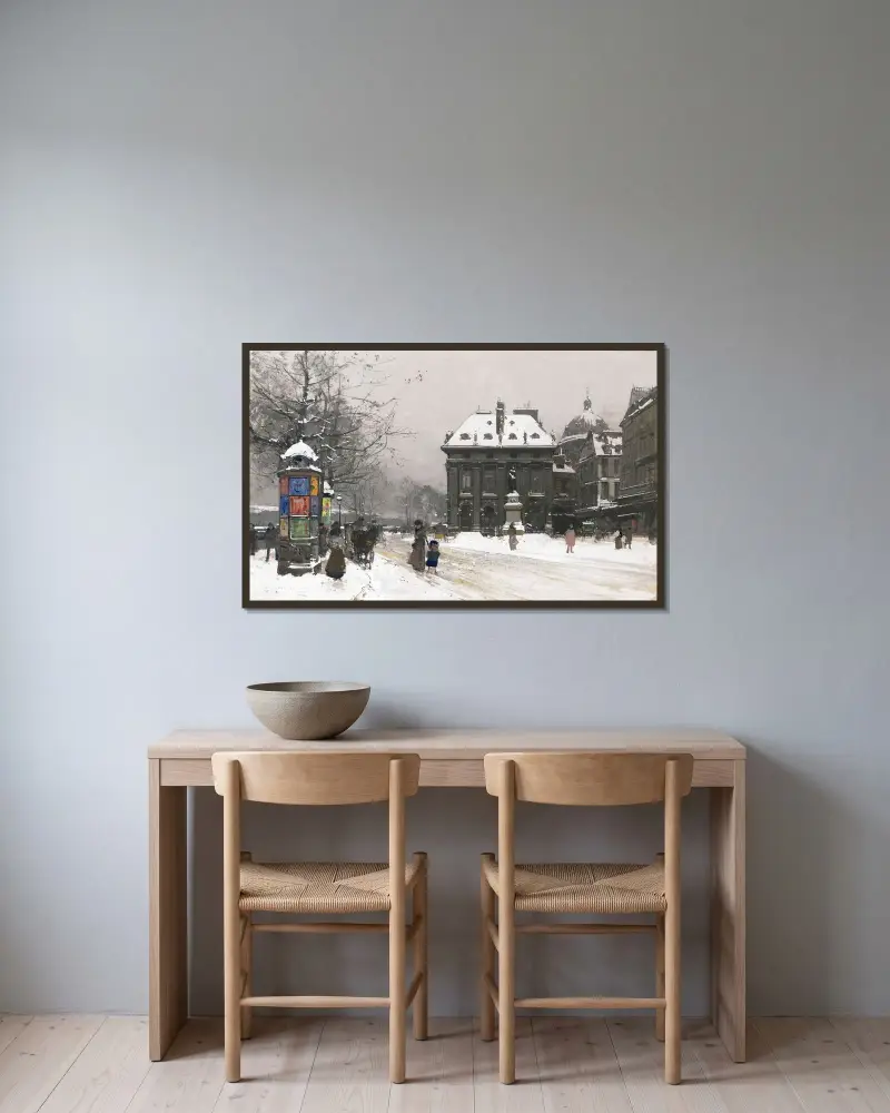 Seines kajer (vinter) av Eugène Galien-Laloue inramad på en vägg