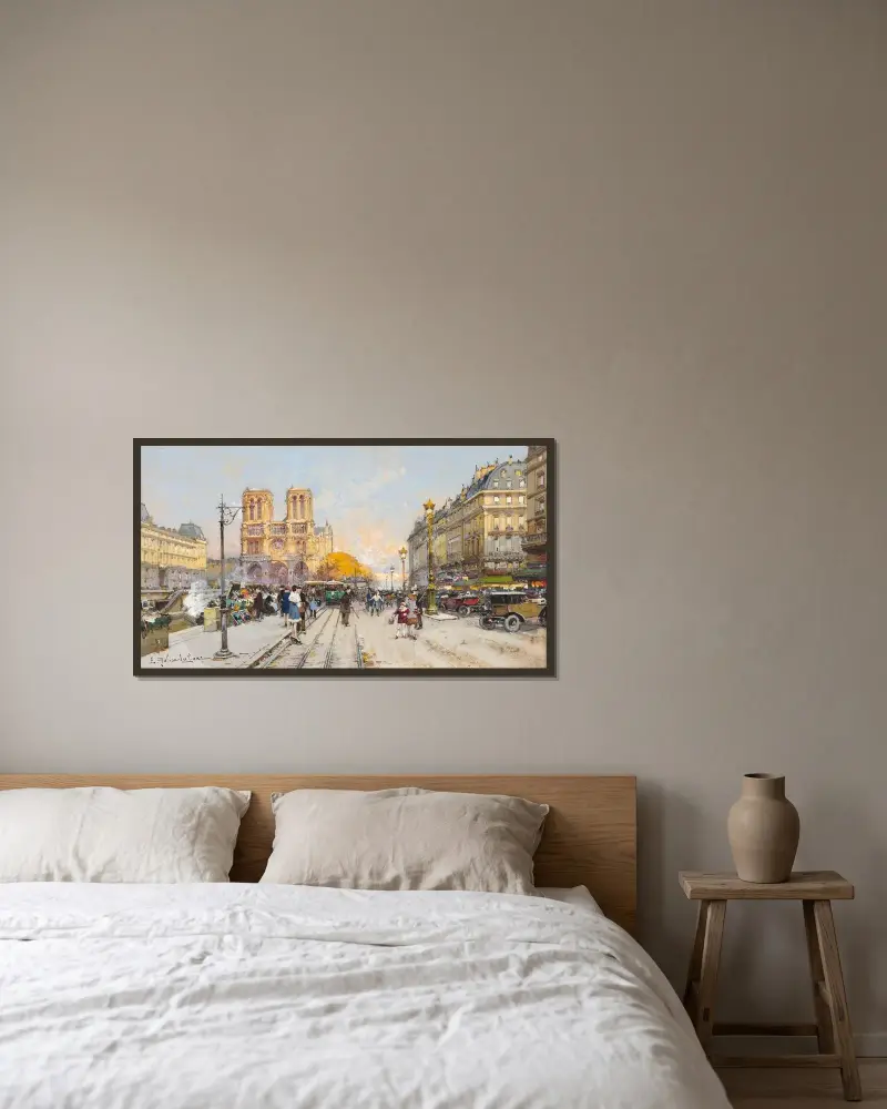 Kajerna på vänstra stranden framför Notre-Dame, Paris av Eugène Galien-Laloue inramad på en vägg