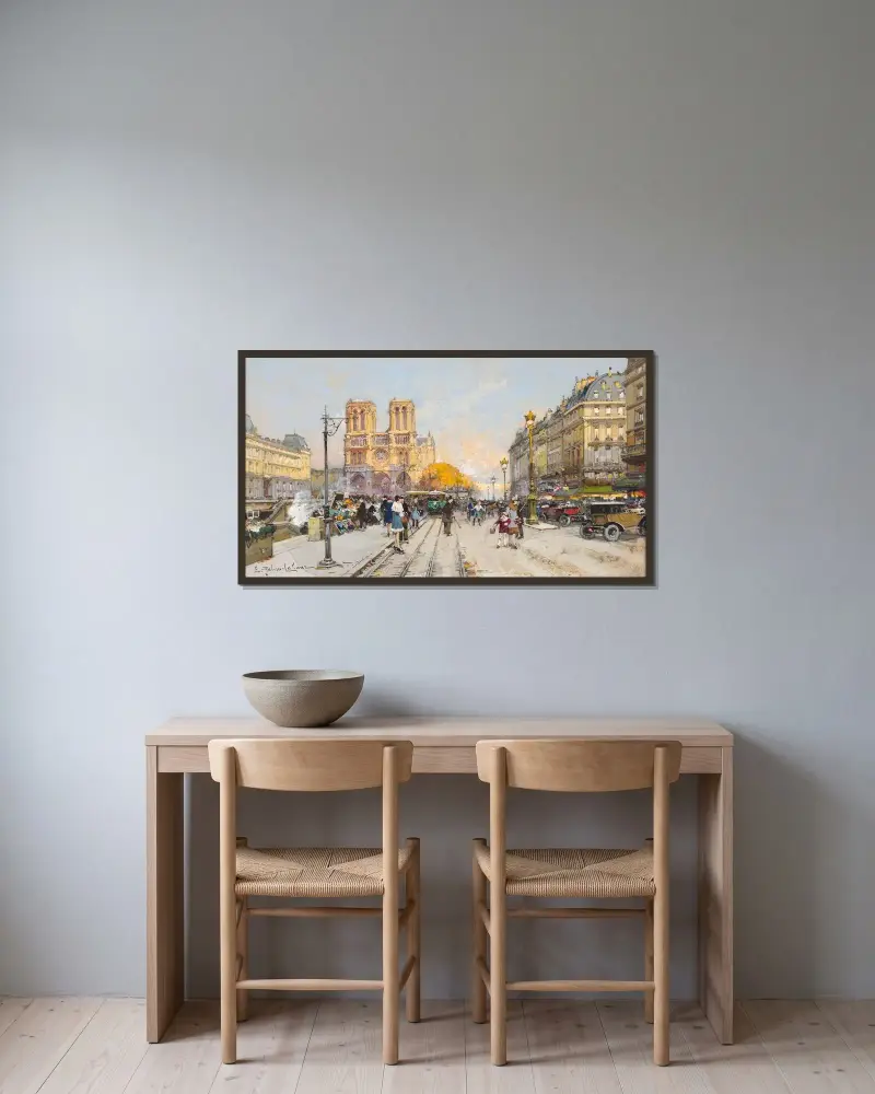 Kajerna på vänstra stranden framför Notre-Dame, Paris av Eugène Galien-Laloue inramad på en vägg