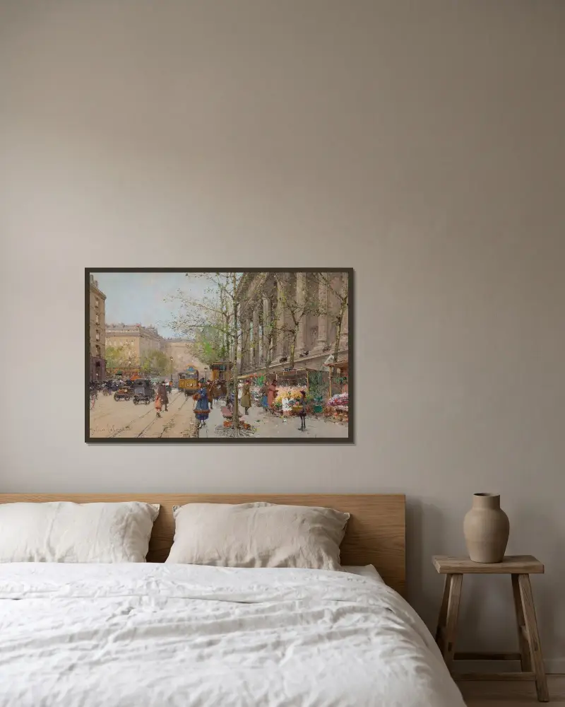Blomstermarknaden Place de la Madeleine av Eugène Galien-Laloue inramad på en vägg