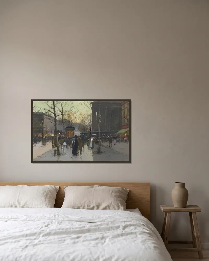 Blomstermarknaden vid Madeleine av Eugène Galien-Laloue inramad på en vägg