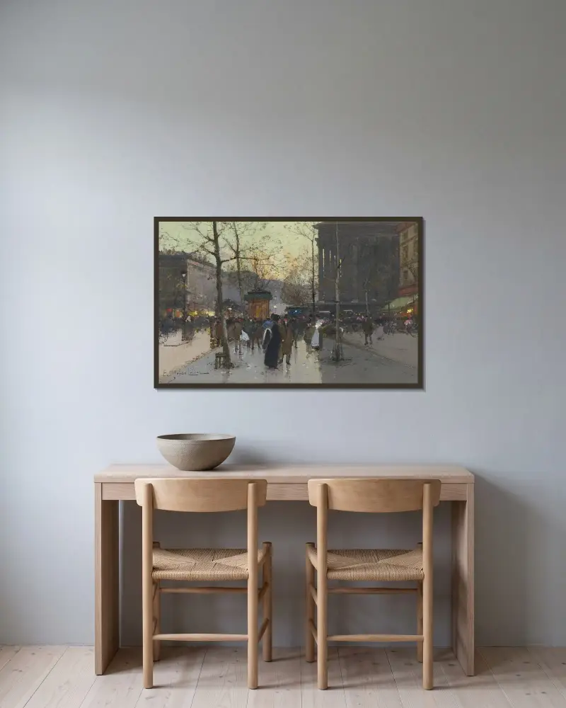 Blomstermarknaden vid Madeleine av Eugène Galien-Laloue inramad på en vägg