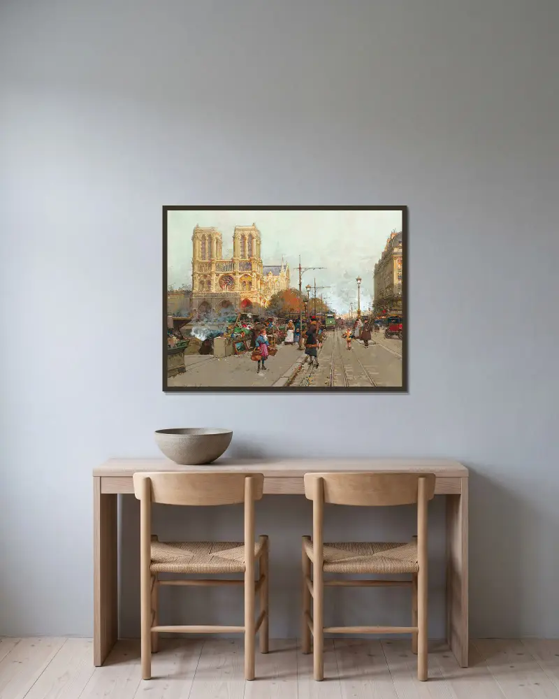 Notre Dame De Paris, Vue Du Quai De Montebello av Eugène Galien-Laloue inramad på en vägg