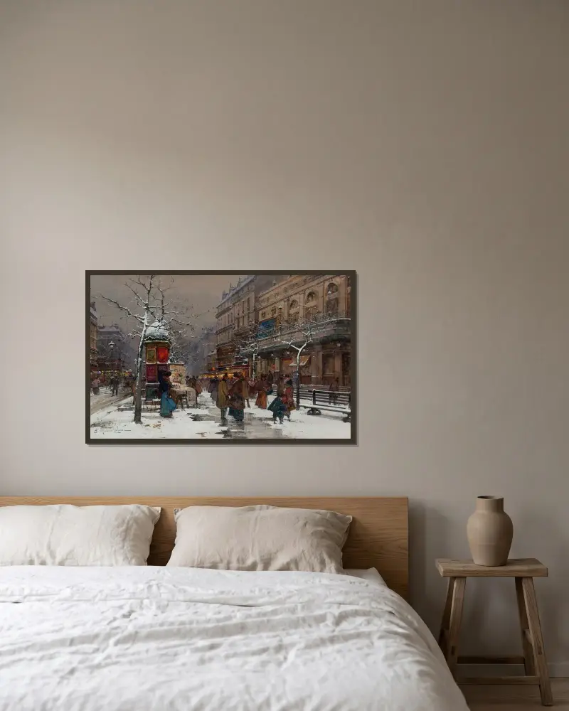 Paris, boulevard en vinter av Eugène Galien-Laloue inramad på en vägg
