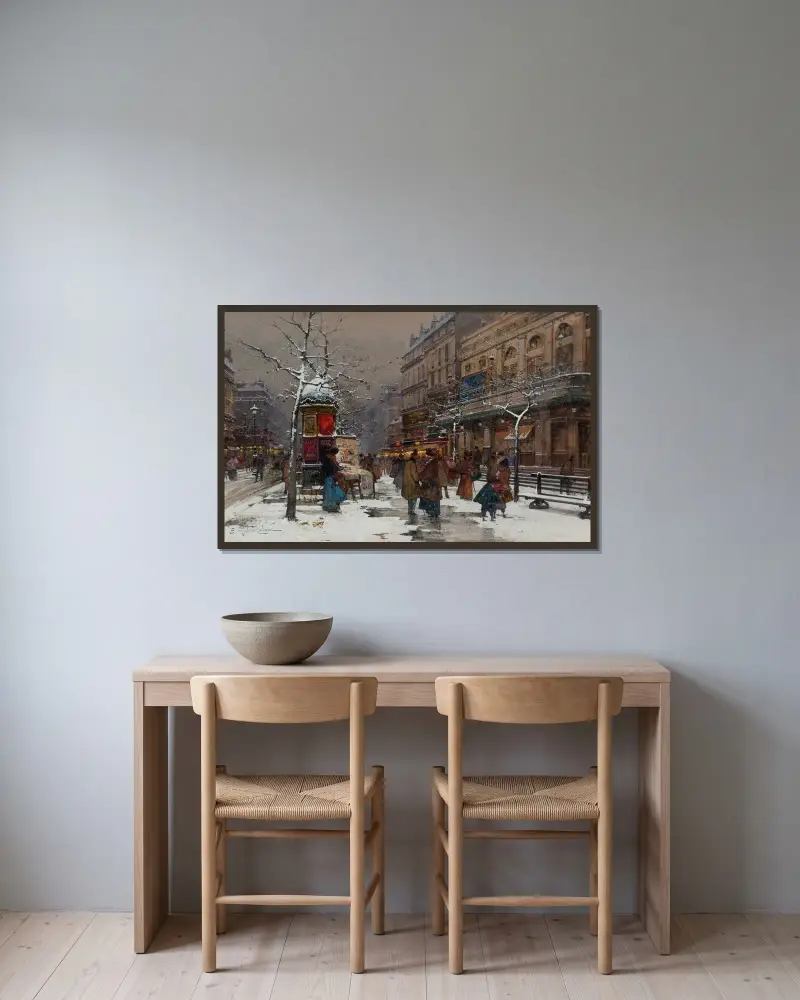 Paris, boulevard en vinter av Eugène Galien-Laloue inramad på en vägg