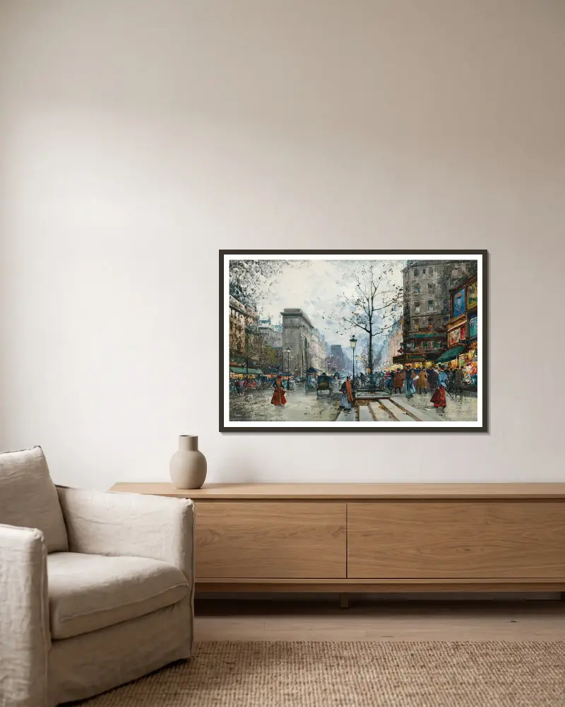 Paris, La Porte Saint-Denis av Eugène Galien-Laloue inramad på en vägg