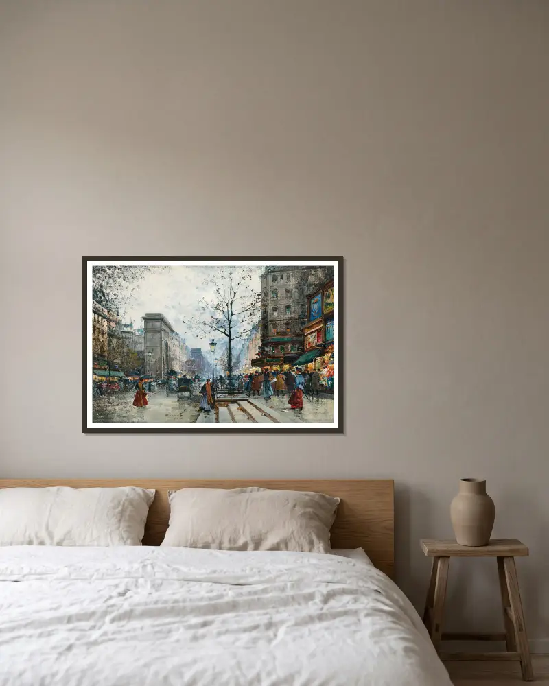 Paris, La Porte Saint-Denis av Eugène Galien-Laloue inramad på en vägg