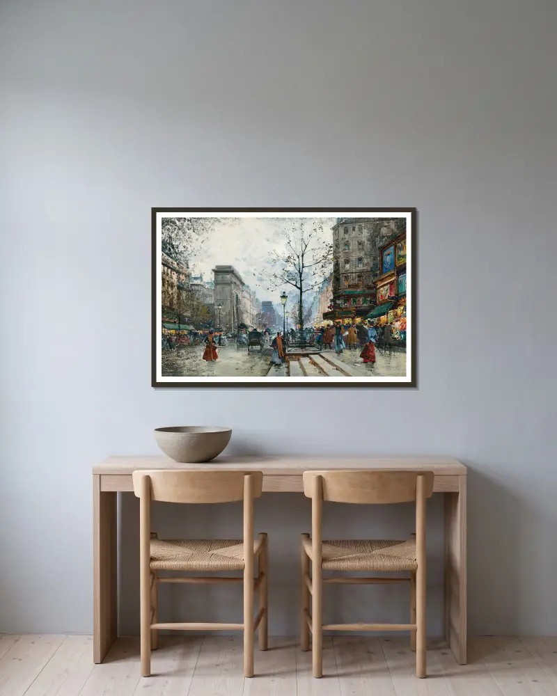 Paris, La Porte Saint-Denis av Eugène Galien-Laloue inramad på en vägg