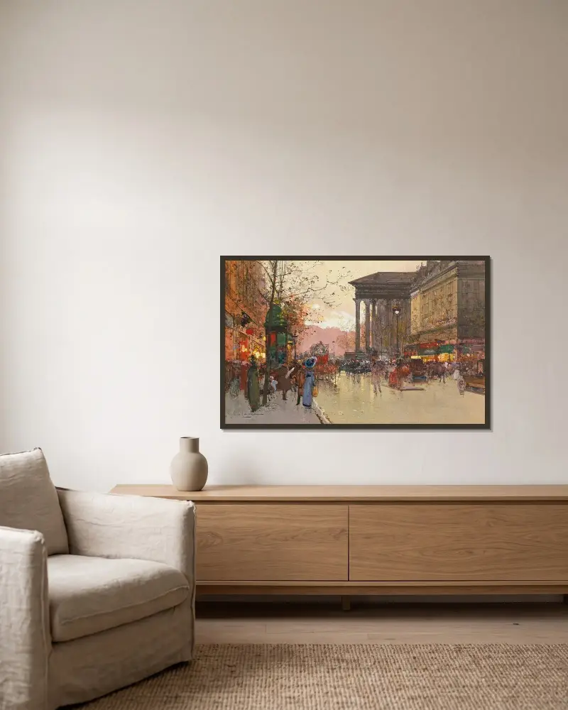 Paris, Boulevard de la Madeleine på kvällen av Eugène Galien-Laloue inramad på en vägg