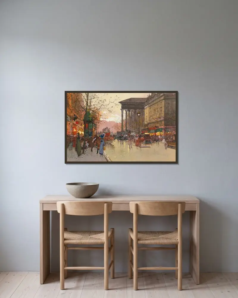 Paris, Boulevard de la Madeleine på kvällen av Eugène Galien-Laloue inramad på en vägg