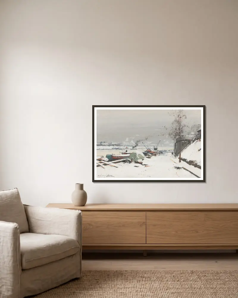Quai De Bercy Sous La Neige av Eugène Galien-Laloue inramad på en vägg
