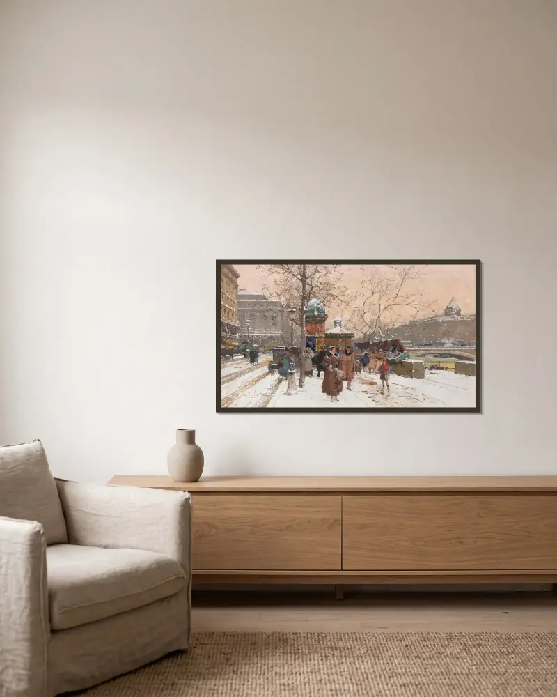 Kajen vid Mégisserie i snö av Eugène Galien-Laloue inramad på en vägg