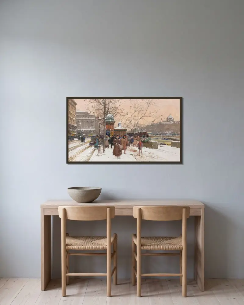 Kajen vid Mégisserie i snö av Eugène Galien-Laloue inramad på en vägg