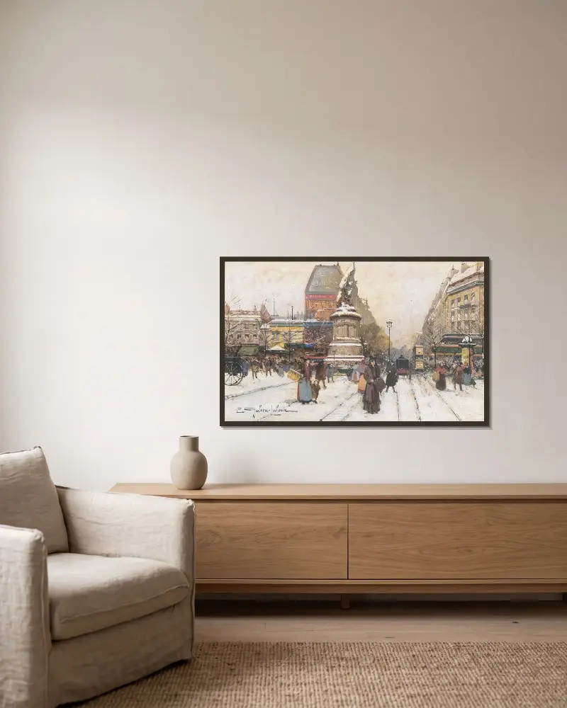 Place de Clichy i snö, Paris av Eugène Galien-Laloue inramad på en vägg