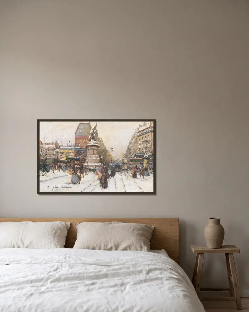 Place de Clichy i snö, Paris av Eugène Galien-Laloue inramad på en vägg