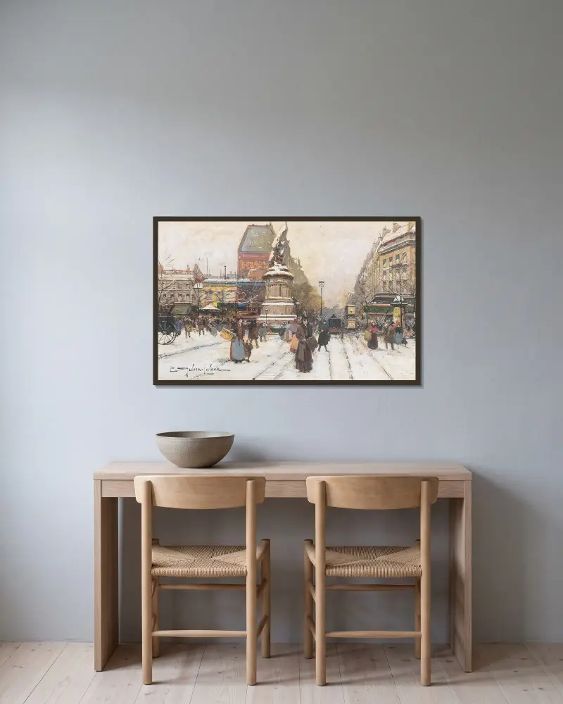 Place de Clichy i snö, Paris av Eugène Galien-Laloue inramad på en vägg