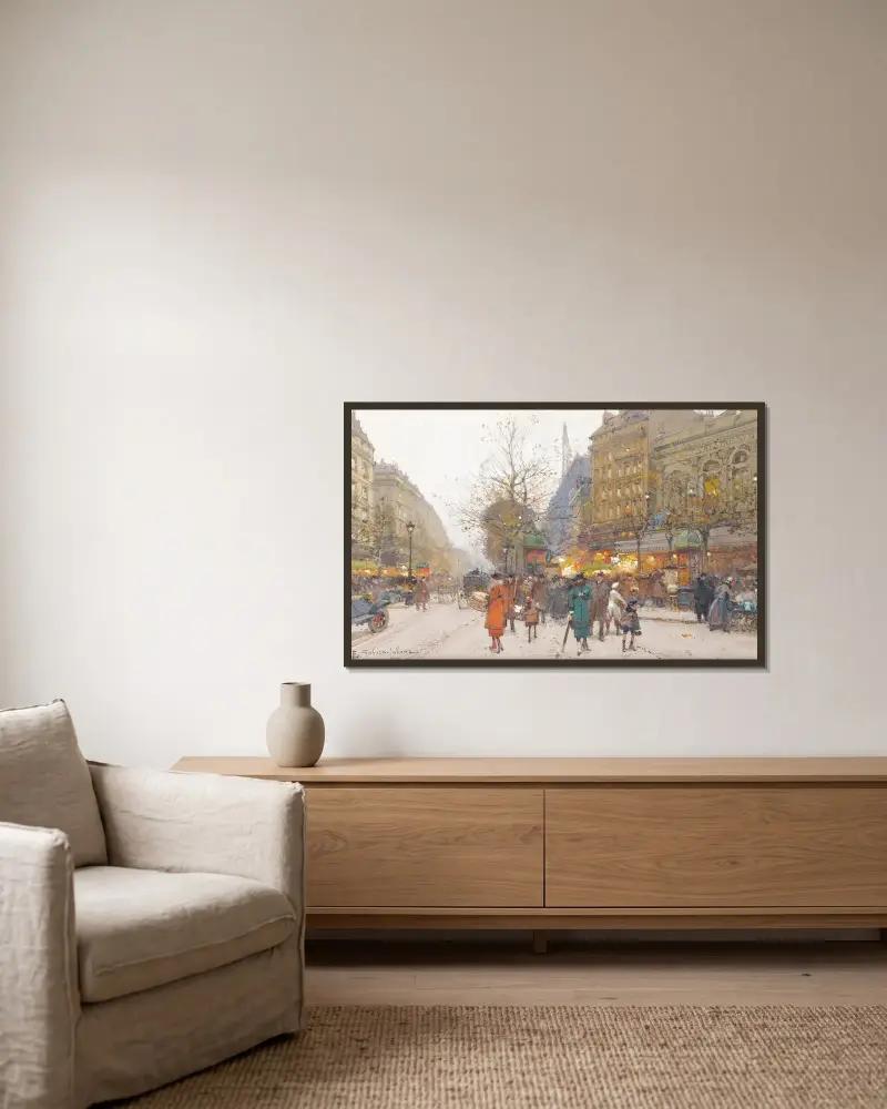 Theatre Du Gymnase, Boulevard De Bonne-Nouvelle av Eugène Galien-Laloue inramad på en vägg
