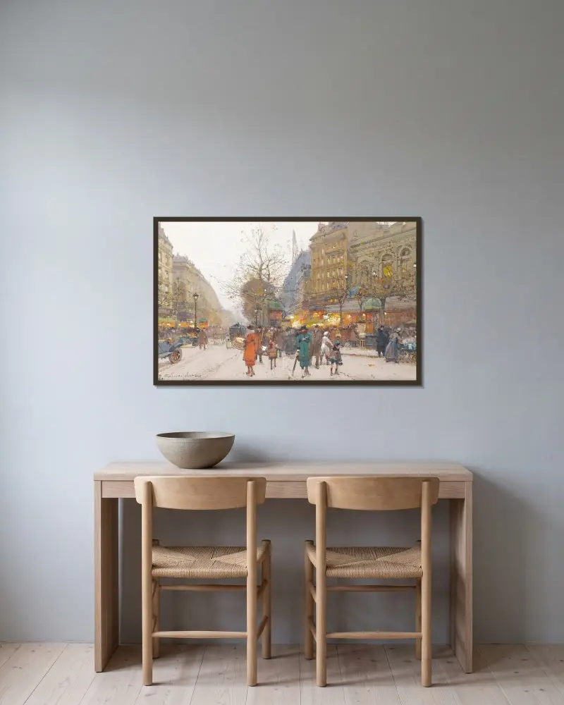 Theatre Du Gymnase, Boulevard De Bonne-Nouvelle av Eugène Galien-Laloue inramad på en vägg