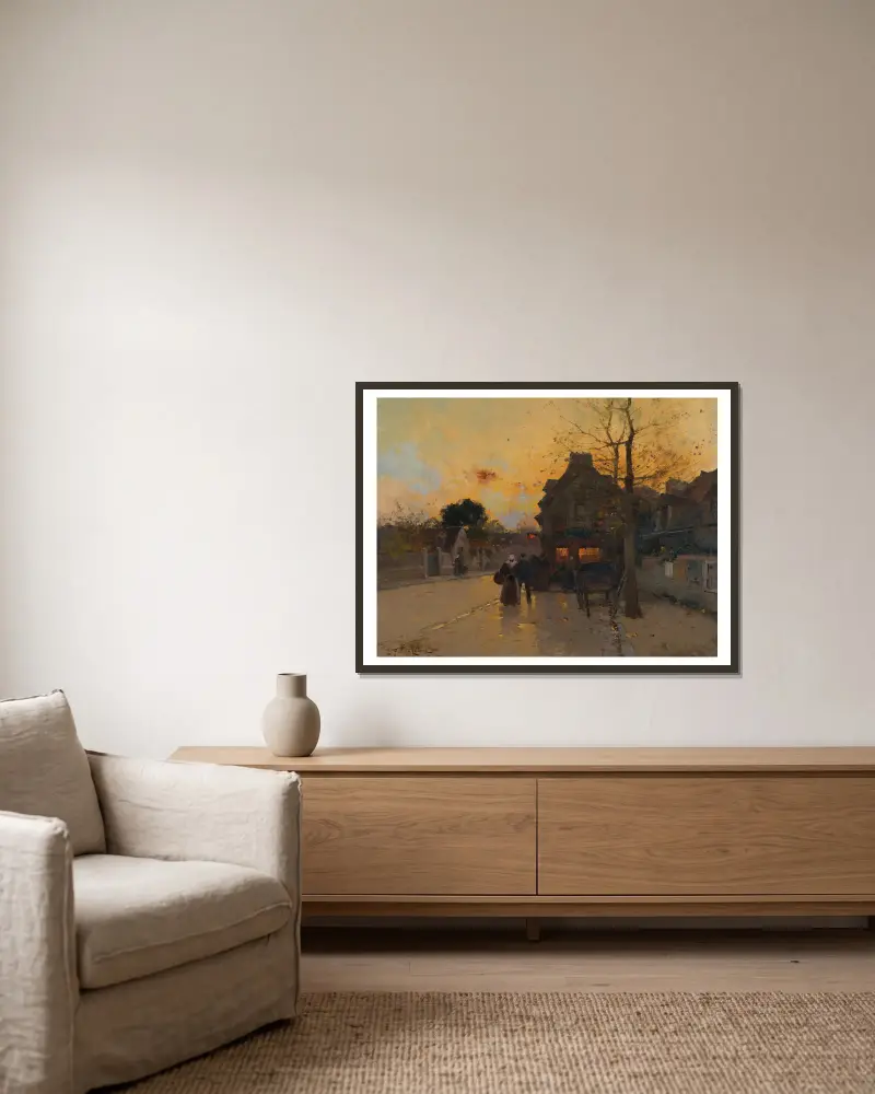 Village, Un Soir D’automne av Eugène Galien-Laloue inramad på en vägg