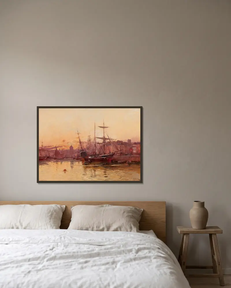 Segelbåtar vid kaj i Normandie av Eugène Galien-Laloue inramad på en vägg