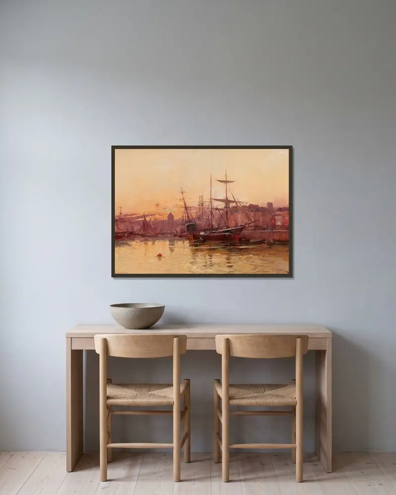 Segelbåtar vid kaj i Normandie av Eugène Galien-Laloue inramad på en vägg