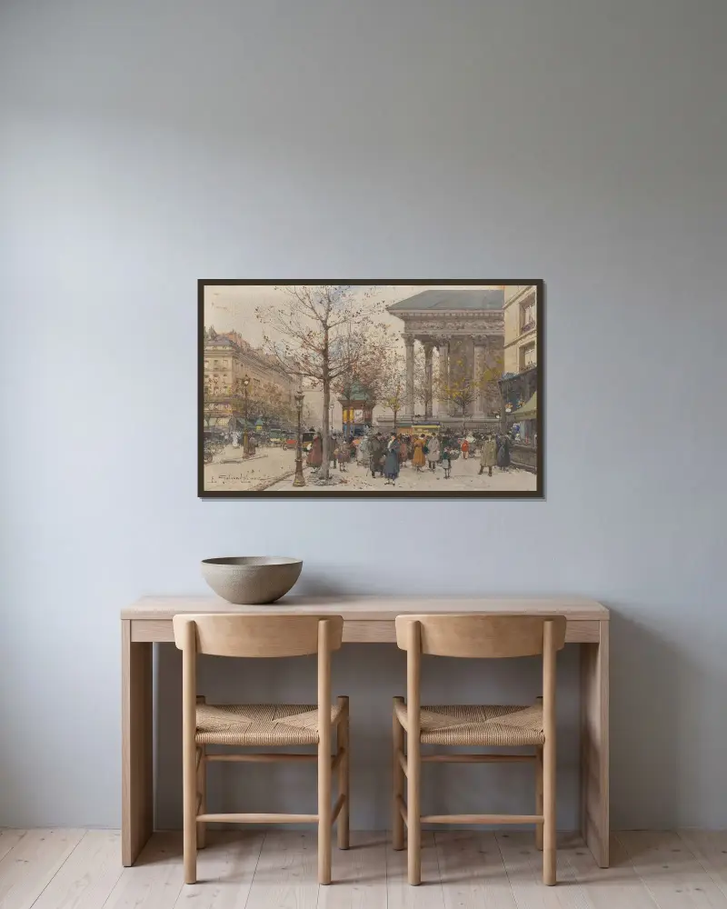 Livlig vy av Madeleine av Eugène Galien-Laloue inramad på en vägg