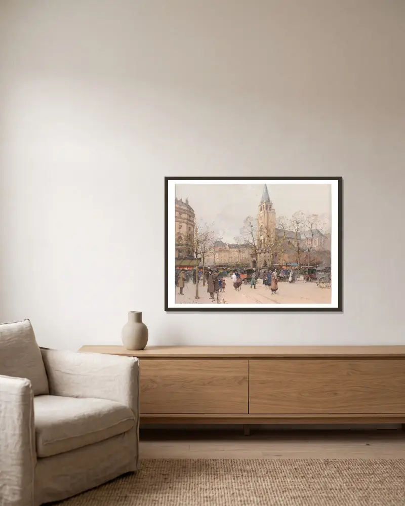 Vue des boulevards à Saint-Germain-des-Prés av Eugène Galien-Laloue inramad på en vägg