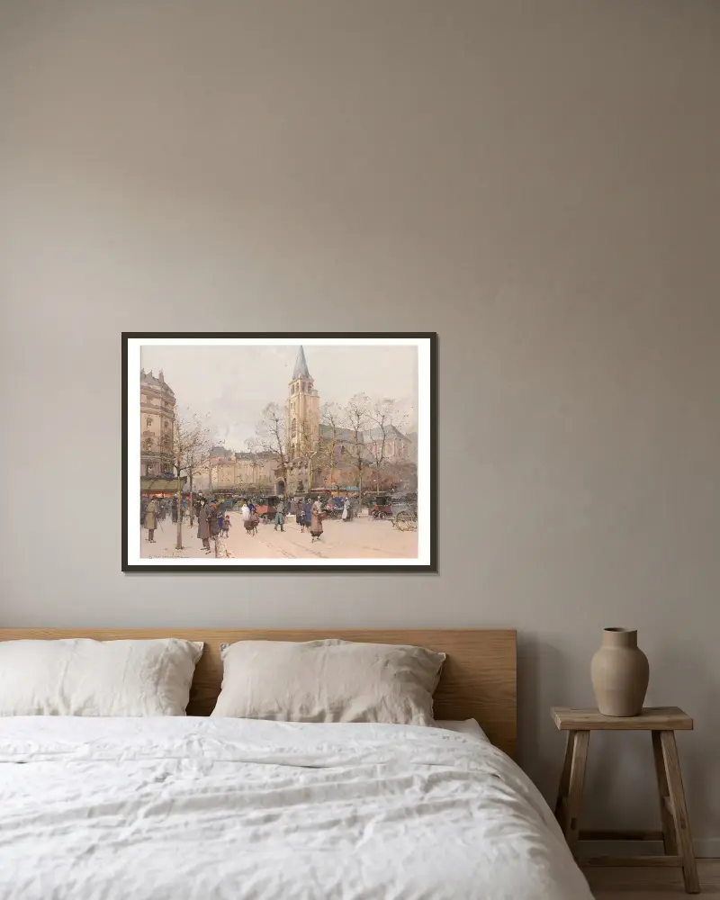 Vue des boulevards à Saint-Germain-des-Prés av Eugène Galien-Laloue inramad på en vägg