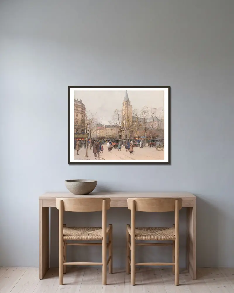 Vue des boulevards à Saint-Germain-des-Prés av Eugène Galien-Laloue inramad på en vägg