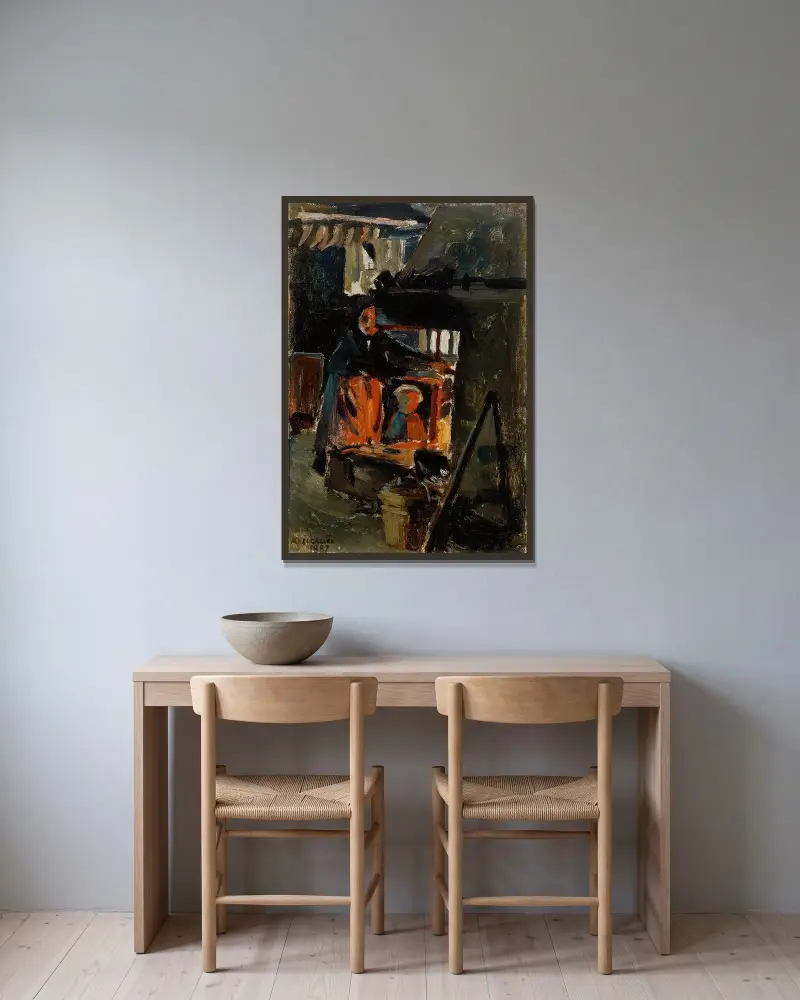 Vor dem Ofen, im Wohnzimmer von Akseli Gallen-Kallela gerahmt an einer Wand