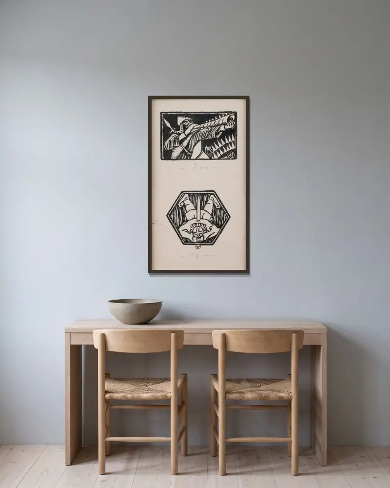 Koru-Kalevala, das illustrierte Kalevala; Gesang XXXVI, einleitende Vignette (nicht die endgültige Version), Schlussvignette. von Akseli Gallen-Kallela gerahmt an einer Wand