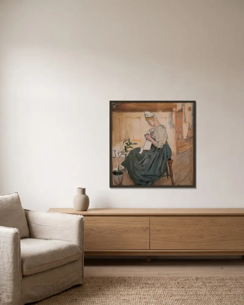 Mary Gallen sewing in a Carelian home av Akseli Gallen-Kallela inramad på en vägg