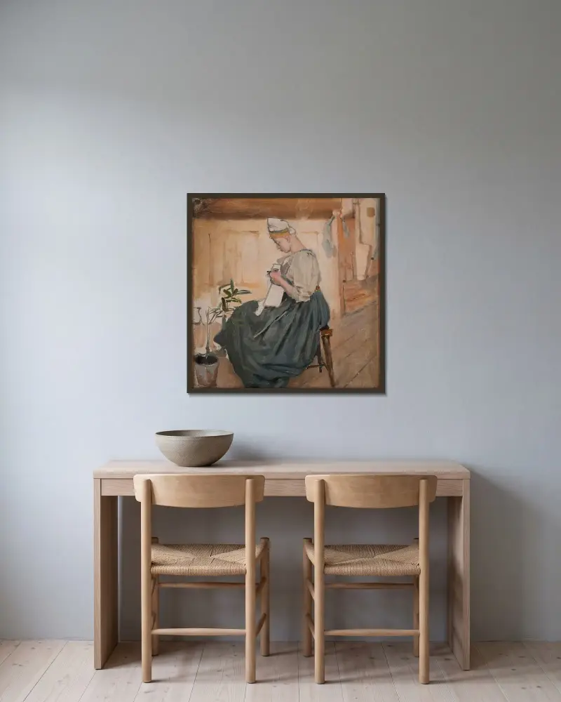 Mary Gallen sewing in a Carelian home av Akseli Gallen-Kallela inramad på en vägg