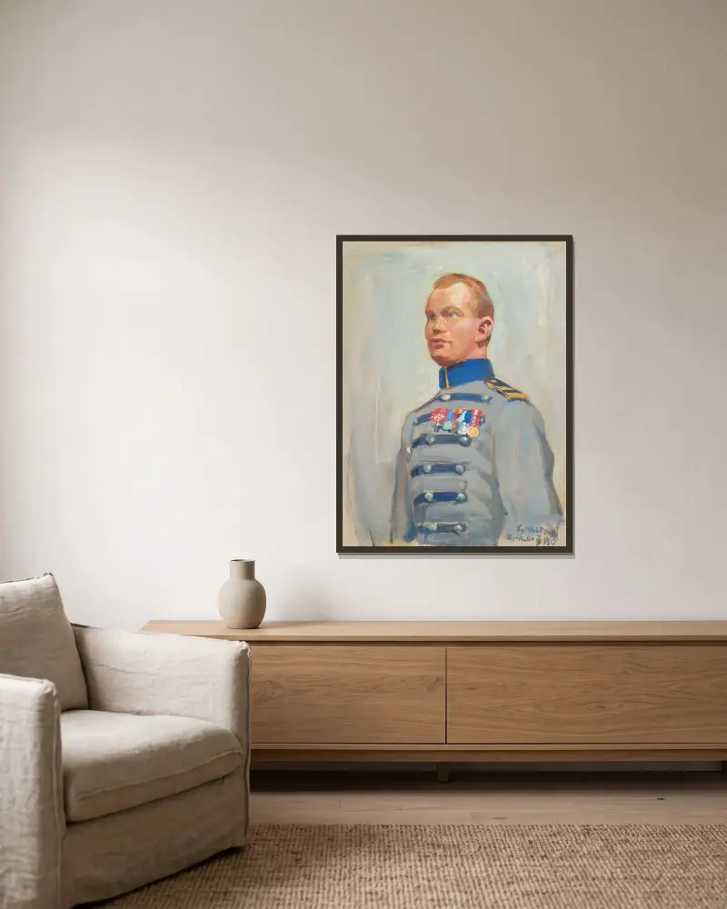 Regent Mannerheims ordonnans Gustaf Hagenau av Akseli Gallen-Kallela inramad på en vägg