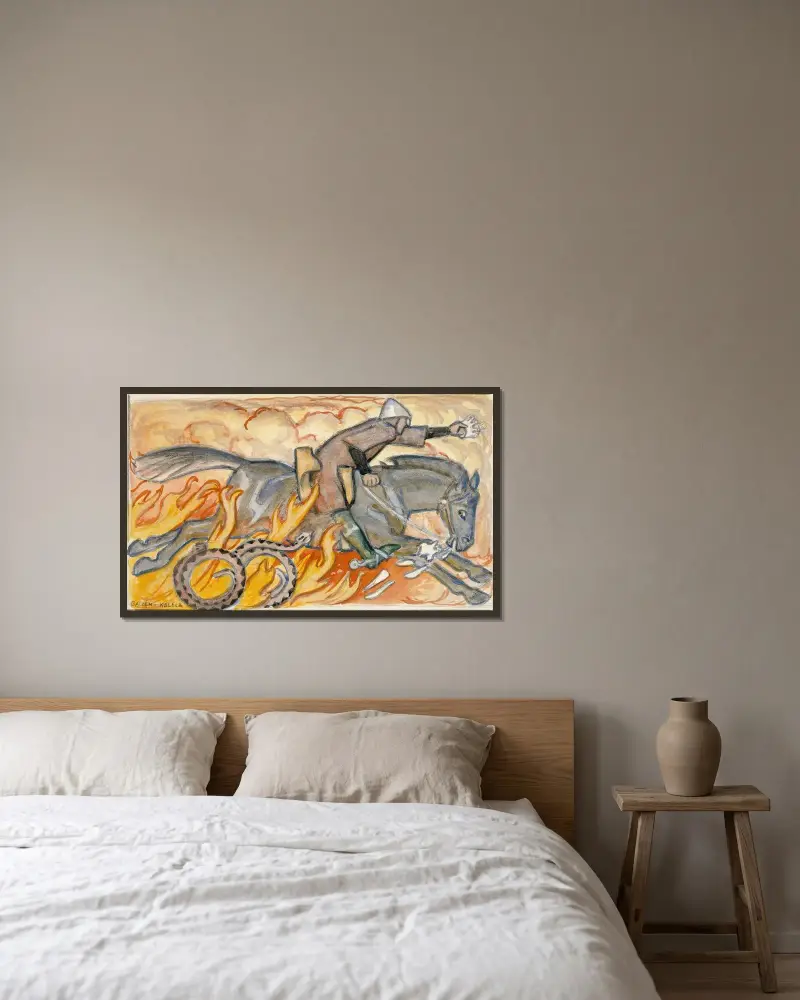 Riddaren och kungssnoken, illustration till Sju bröder av Akseli Gallen-Kallela inramad på en vägg