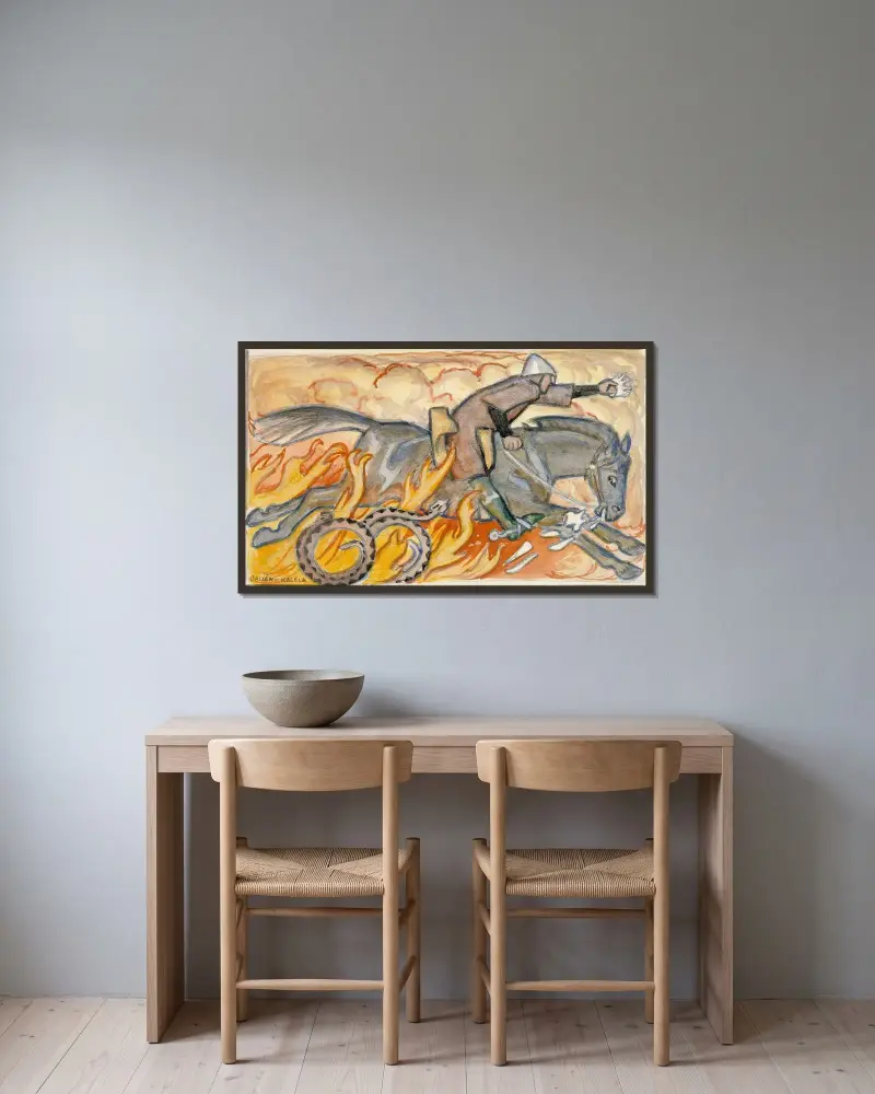 Riddaren och kungssnoken, illustration till Sju bröder av Akseli Gallen-Kallela inramad på en vägg