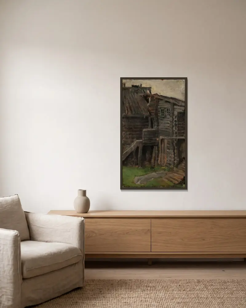 Runonlaulaja Pahkomin talo Akonlahdelta von Akseli Gallen-Kallela gerahmt an einer Wand