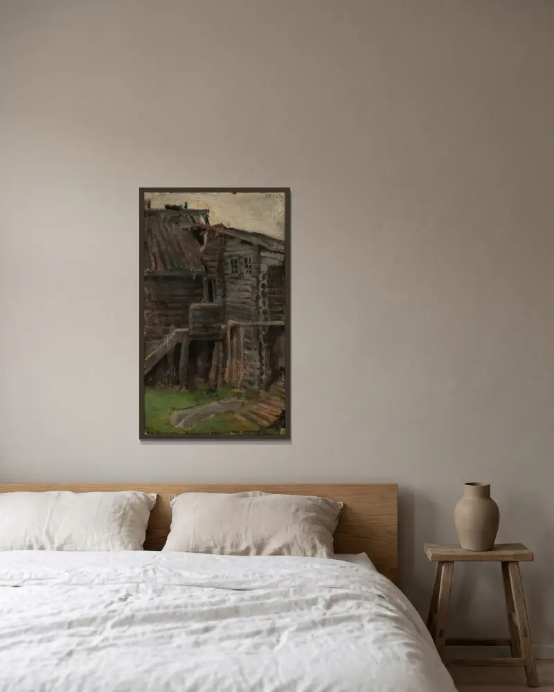 Runonlaulaja Pahkomin talo Akonlahdelta von Akseli Gallen-Kallela gerahmt an einer Wand
