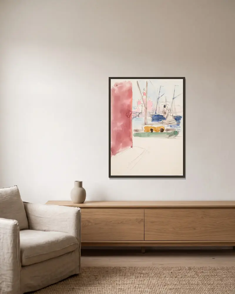 Ships in the South Harbor, sketch av Akseli Gallen-Kallela inramad på en vägg