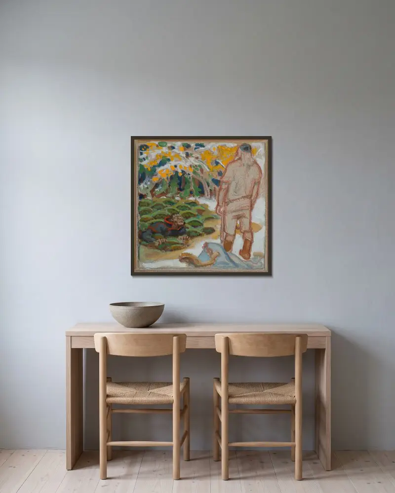 Den fullständiga Kalevala, skiss. Väinämöinen av Akseli Gallen-Kallela inramad på en vägg