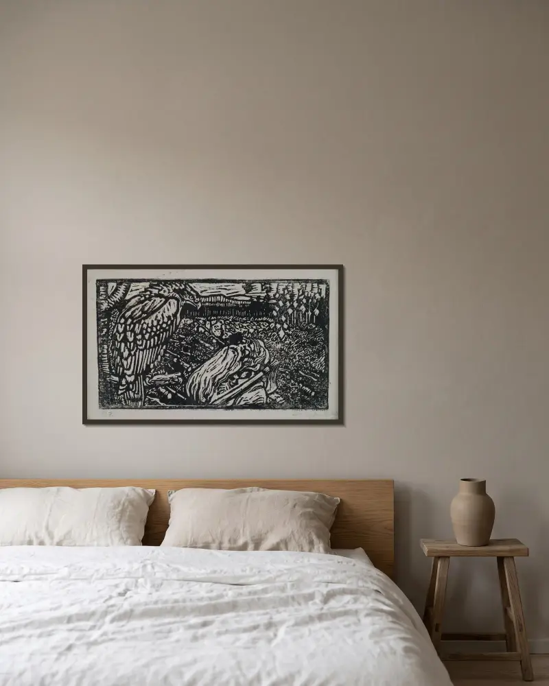 The Great Kalevala, Väinämöinen and the Eagle, a woodcut print. av Akseli Gallen-Kallela inramad på en vägg