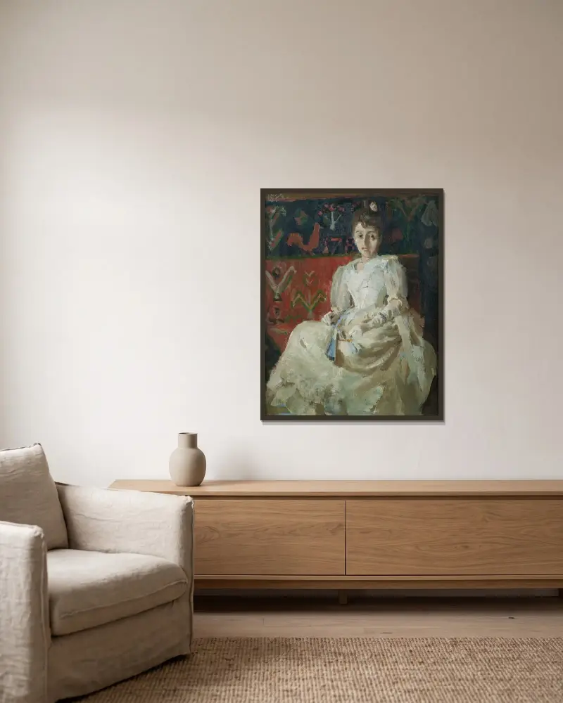Woman on a Rooster Ryijy Rug av Akseli Gallen-Kallela inramad på en vägg