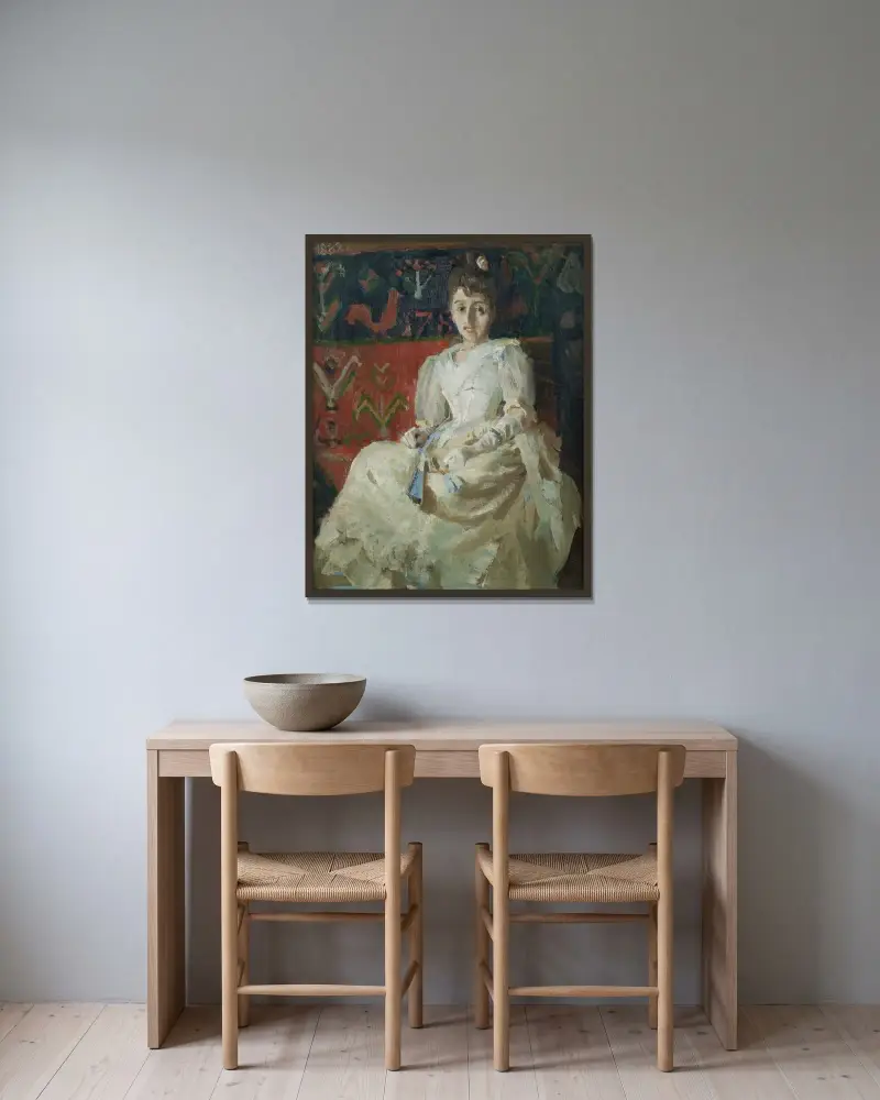 Woman on a Rooster Ryijy Rug av Akseli Gallen-Kallela inramad på en vägg