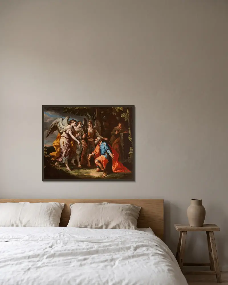 Abraham och änglarna av Gaspare Diziani inramad på en vägg
