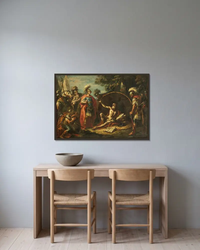 Alexander och Diogenes av Gaspare Diziani inramad på en vägg