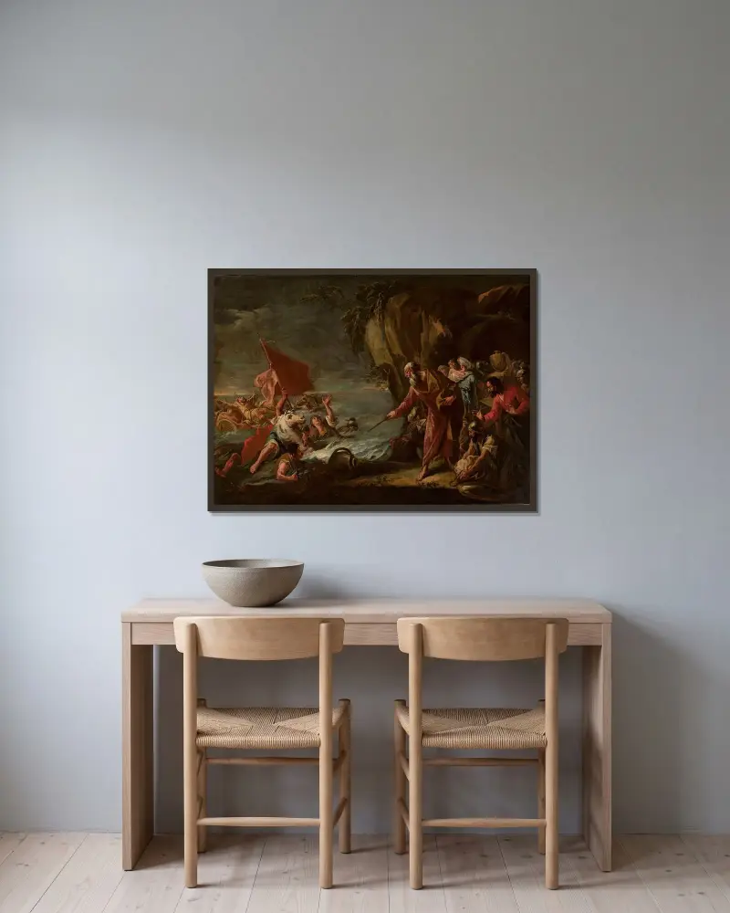 Övergången över Röda havet av Gaspare Diziani inramad på en vägg
