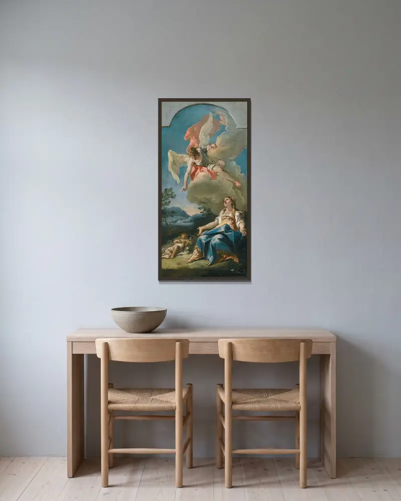 Hagar och ängeln av Gaspare Diziani inramad på en vägg